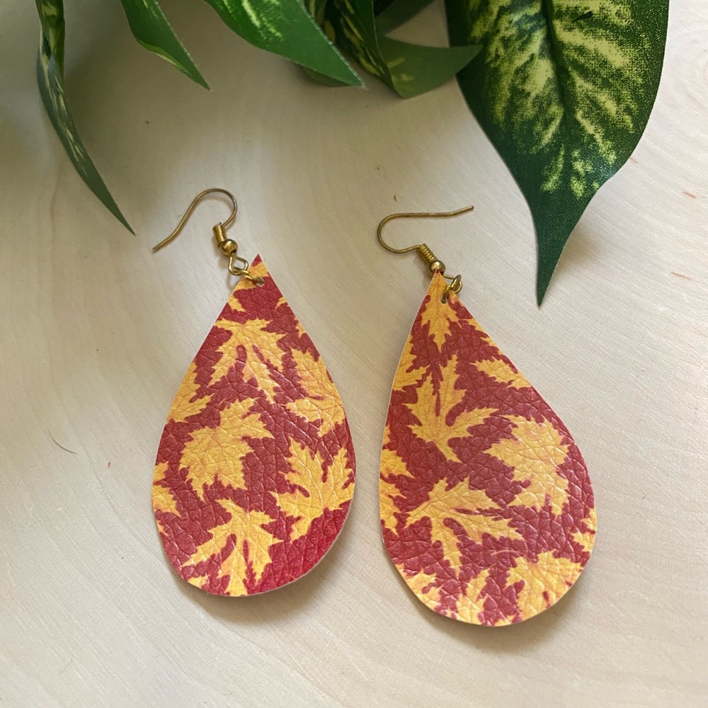 Burgundy & Orange Fall Leaves Faux Leather Dangly Teardrop Earrings